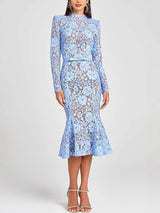 Elegant Lace Belted Long Sleeve Mermaid Midi Dress