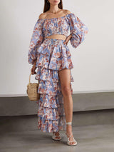 Unique Layered Floral Print Ruched Split Maxi Skirt