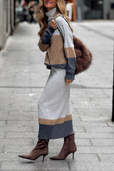 Casual Color-Blocked High-Neck Sweatshirt and Elastic Waist Skirt Set