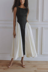 Exquisite Black and White Colorblock Pleated Pocket A-Line Midi Dress