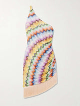 Delicate One-Shoulder Fringed Printed Tulle Mini Dress