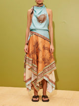 Retro Fashion Printed Scarf-Style Waist Tie Design Midi Dress