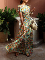 Beautiful Puff Sleeve Floral Print Cutout Open Back Pleated Maxi Dress