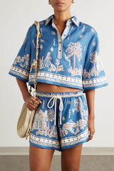 Unique Floral Print Linen Short-Sleeve Shirt and Shorts Set