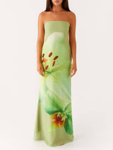 Elegant Satin Unique Floral Print Off Shoulder Maxi Dress