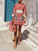 Vintage Print Flared Cuffs Mini Dress