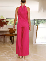 Unique Gette Linen Blend Slit Front Top and High Rise Knoted Pocket Wide Leg Pants Set