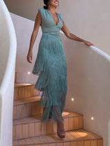 Elegant V-neck Pleated Fringe Maxi Dress