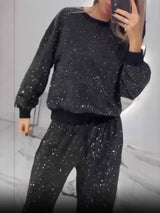 Fashion Sequin Starry Round Neck Loose Top And Drawstring Wide-Leg Pants Set
