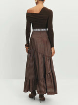 Retro Irregular Cut Striped High Waist Midi Skirt