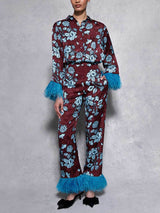 Retro Floral Print Satin Feather Sleeve Shirt