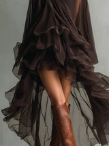 Elegant Ruffled Chiffon High-Neck Loose Midi Dress