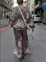 Unique Floral Print Ribbon Splice Pockets Elastic Waist Wide-Leg Pants