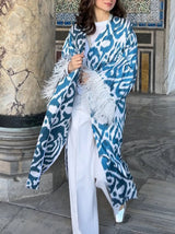 Elegant Printed Feather Cuff Long Coat