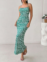 Sweet And Fresh Halter Back Floral Print Holiday Style Maxi Dress