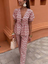 Casual Floral Print Lace-Up V-Neck Top