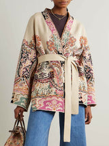 Classic Unique Print Belted Cotton-Linen Jacquard Cardigan