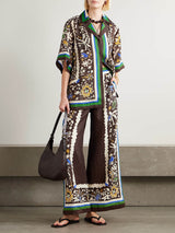 Unique Vintage Moroccan Print Linen Elastic Waist Pocket Wide-Leg Pants