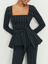 Elegant Striped Square Neck Belted Ruffled Shirt