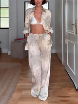 Summer Unique Palm Leaf Print Loose Lace Elastic Waist Pocket Wide Leg ants