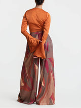 Casual Bell-Sleeve Tie-Up Top with Colorful Print High-Waisted Wide-Leg Pants Set