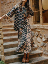 Boho Printed Draped Loose Shirt And High-Waist Maxi Skirt Set