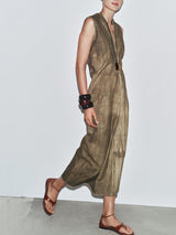 Exquisite Abstract Tie-Dye Print Linen Sleeveless Vacation Midi Dress