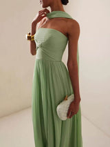 Elegant Sleeveless Pleated Long Skirt With Ribbon Strapless Dress