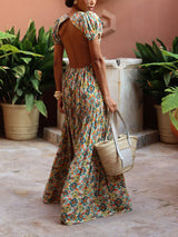 Beautiful Puff Sleeve Floral Print Cutout Open Back Pleated Maxi Dress