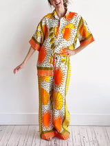 Casual Unique Satin Sun Print Loose Elastic Waist Drawstring Pocket Wide Leg Pants