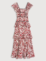 Retro Unique Layered Print Contrast Ruffle Trim Maxi Dress