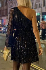 Exquisite Sequined One-Shoulder Tassel Mini Dress