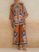 Retro Modern Floral Print Contrasting Stitching Elastic Waist Wide-Leg Pants