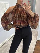 Retro Paisley-print Chiffon Off-the-shoulder Shirt