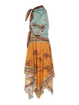 Retro Fashion Printed Scarf-Style Waist Tie Design Midi Dress