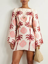 Unique Tropical Edge Palm Tree Print Cutout Linen Mini Dress