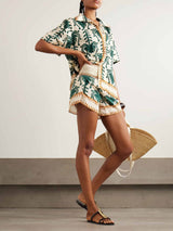 Casual Tropical Print Short-Sleeve Shirt And Shorts Two-Piece Set
