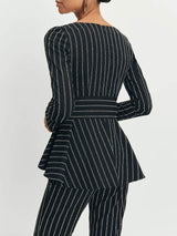 Elegant Striped Square Neck Belted Ruffled Shirt
