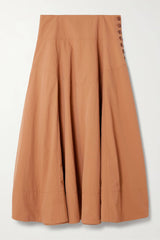 Delicate Button-Detail Ruched Shell-Texture Midi Skirt