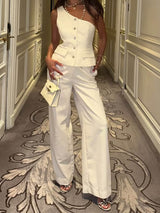 Asymmetrical Button Vest Top & High-Waisted Straight-Leg Pants Set