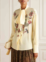 Retro Bow Neckline Floral Print Chiffon Shirt