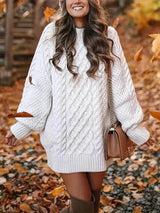 Fashion Chunky Cable Knit Round Neck Oversized Sweater Mini Dress