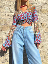 Retro Vitality Folk Style Printed Twisted Short Shirt