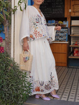 Elegant Embroidered Print Loose Tie Elastic Waist Skirt