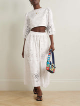 Retro Lace Crochet Embroidered Elastic Waist Midi Skirt
