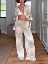 Summer Unique Palm Leaf Print Loose Lace Elastic Waist Pocket Wide Leg ants