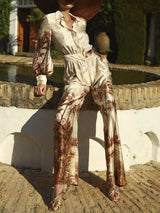 Elegant Palm Print Satin Elastic Waist Pocket Wide-Leg Jumpsuit