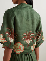 Retro Palm Tree Print Cropped Linen Shirt