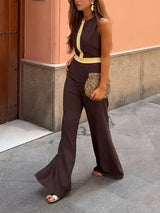 Retro Round Neck Classic Contrast Color Flared Jumpsuit