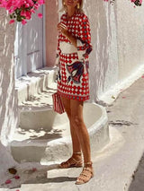 Vintage Print Flared Cuffs Mini Dress